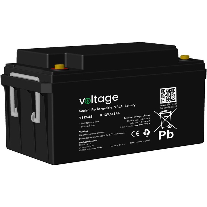 Acumulator Agm, Tensiune, Ve12-65, 151x65x94 mm, Tensiune Nominala 12V, Capacitate Nominala 65Ah, Durata De Viata Proiectata 6-9 Ani, Fara Intretinere, Poate Functiona In Orice Pozitie