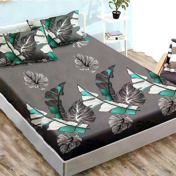 Finet Gros NufJoy® rugalmas lepedőgarnitúra matrachoz 160x200 cm és 2 párnahuzat 50x70 cm, szürke levelek színben