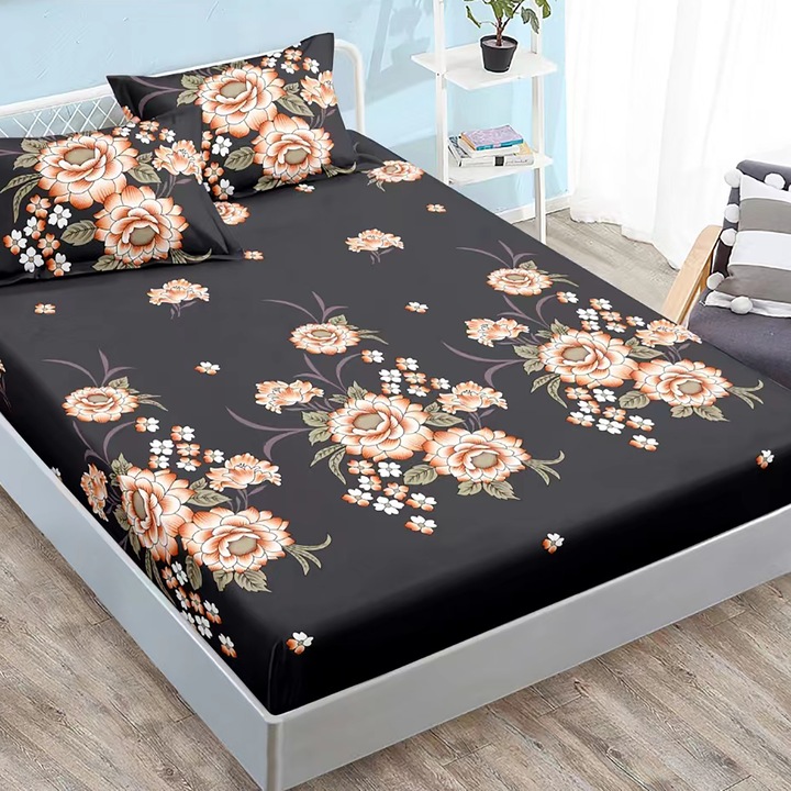 Finet Gros NufJoy® rugalmas lepedőgarnitúra matrachoz 160x200 cm és 2 párnahuzat 50x70 cm, fekete virágok színben