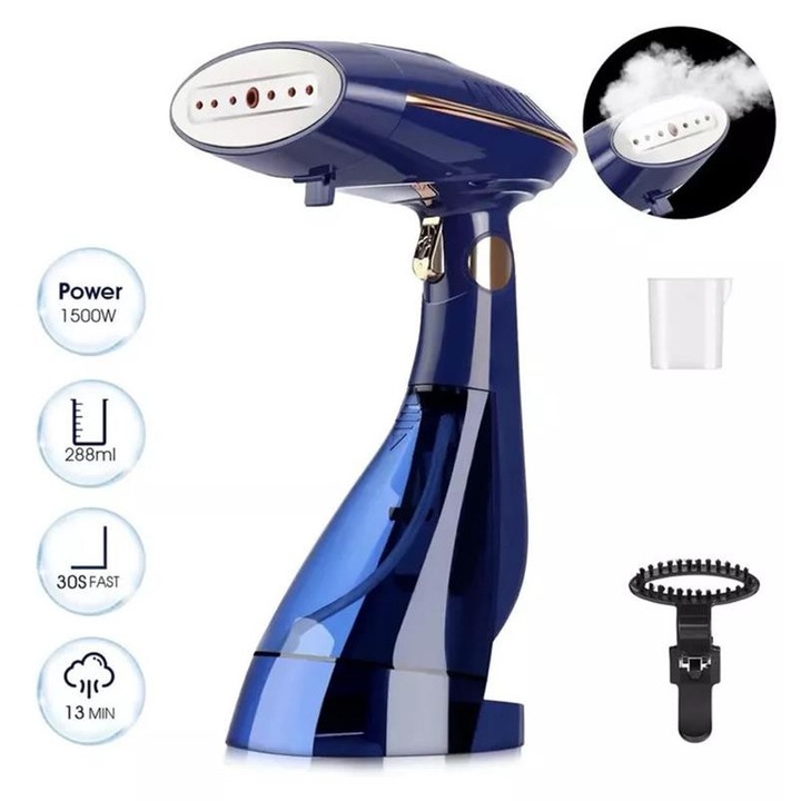 Aparat de Calcat Vertical Portabil cu Abur, Putere 1600W, Rezervor 288ml, Functie Anti Calcar si Auto Curatare, 2 niveluri de putere, Auto Oprire, Talpa Ceramica, Negru