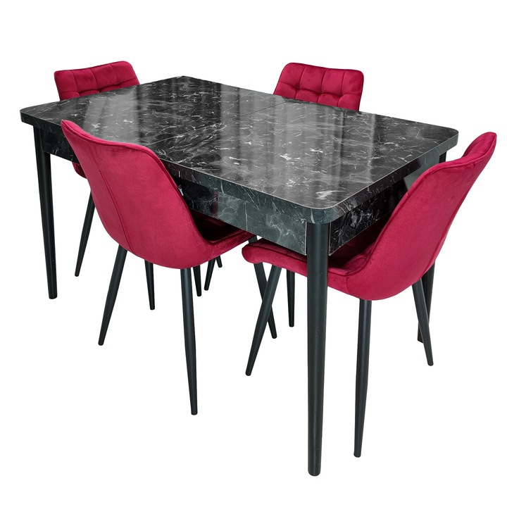 Set Masa Extensibila Napoli Black Marble cu 4 Scaune Osaka visiniu, DENVER, 130x80x76 cm