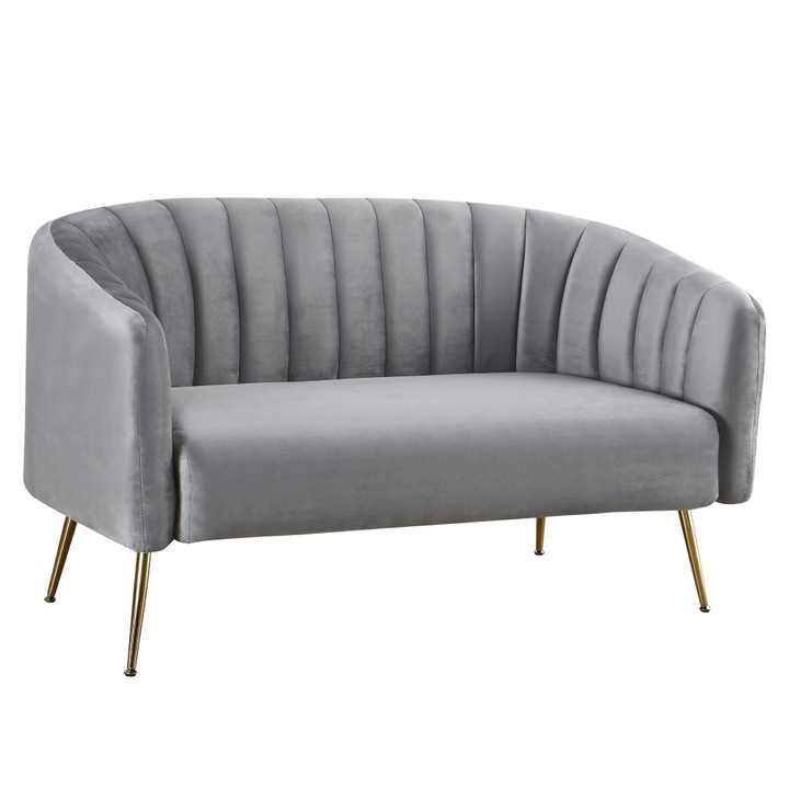 Canapea de design, tapiterie eleganta gri, picioare din metal gold, umplutura din spuma, confortabila, design de lux, living, dormitor, saloane, alte spatii, 135x78x78 cm