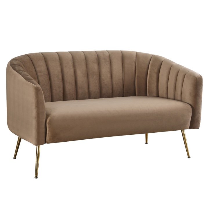 Canapea de lux, tapiterie eleganta, maro, sezut moale, umplutura spuma, picioare din metal, aurii, living, dormitor, saloane, alte spatii, 135x78x78 cm