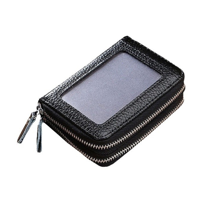 TRADERPLUS Mic portofel din piele pentru carduri de credit, cu fermoar si fereastra pentru cartea de identitate, NEGRU