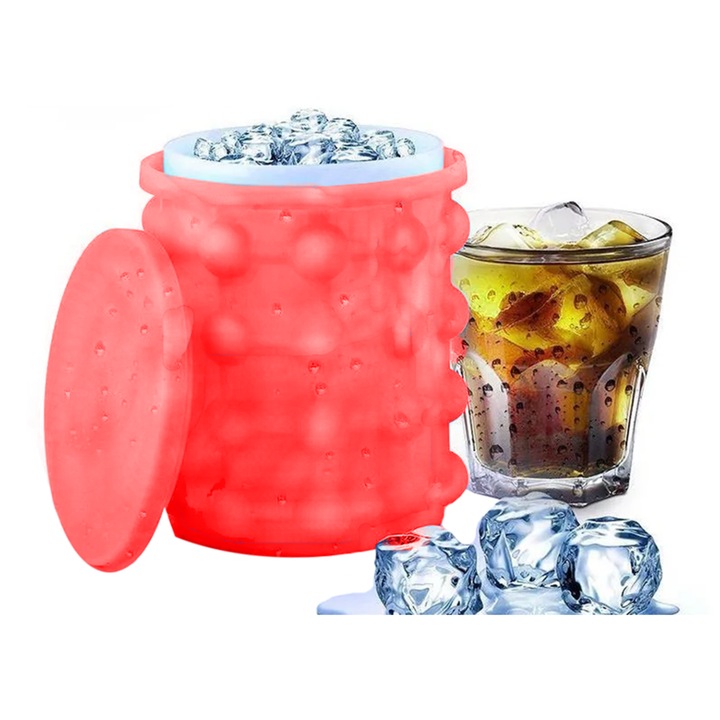 Frapiera si forma pentru gheata VarioShop®, din silicon, tava inovatoare pentru 32 cuburi de gheata, cu capac si recipient interior detasabil, ideala pentru petreceri, frigidere si bauturi racoritoare, Rosu