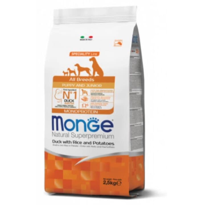 Hrana uscata pentru puppy/junior Monge All Breeds cu gust de rata, orez si cartofi, 2, 5 kg