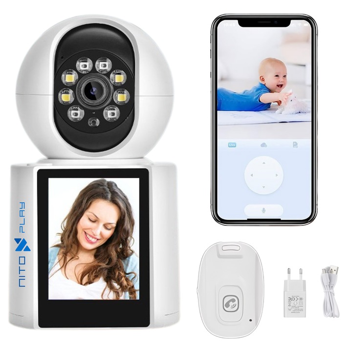 Camera Supraveghere Copii Baby Monitoring Nitoplay® Smart, Wifi, 3MP 2K, Ecran 2.8", Monitorizare 360° cu Rotire Automata, Apelare, Detectare Plans, Miscare, Alarma, Sunet Bidirectional cu Microfon/Boxa, Vedere Nocturna, Telecomanda, Aplicatie iOS/Android