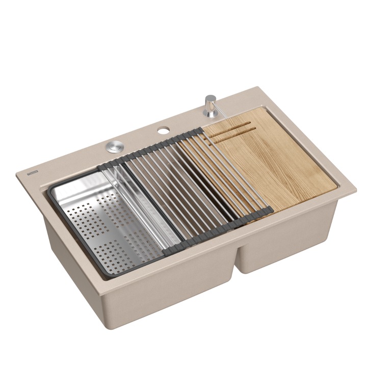 Chiuveta Quadron MARC 120 cu 2 cuve 76x50x23.5cm, bej, otel, set