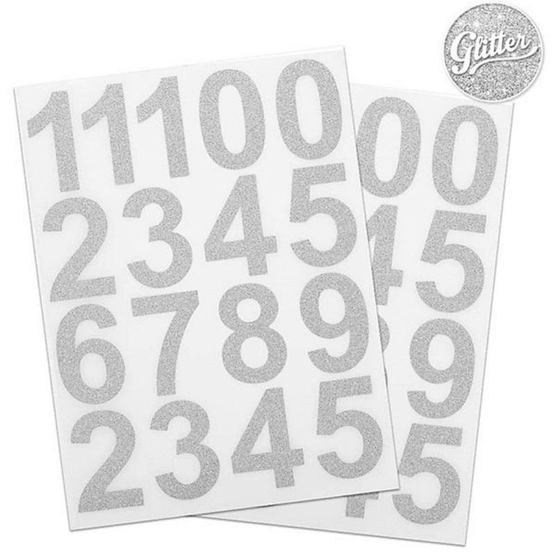Set 34 bucati cifre adezive 0-9 cu glitter argintiu - 4.5 x 3 cm, Radar 50112