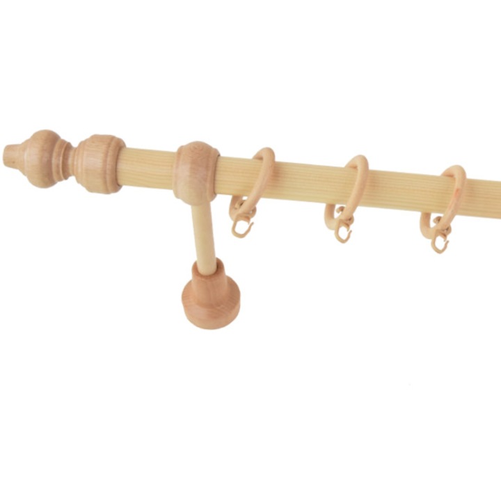 Galerie din lemn strunjit pentru perdele,Natur(Brad),240 cm,accesorii incluse
