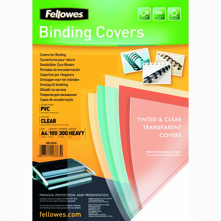 Coperta, FELLOWES, A4, 300 microni, Transparent