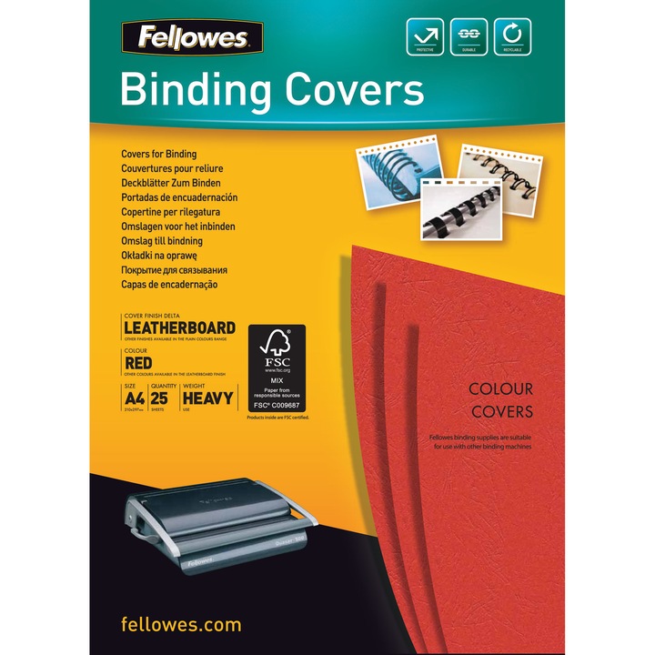 FELLOWES "Delta" Hátlap, A4, 250 g, Matt, Piros, 25 db