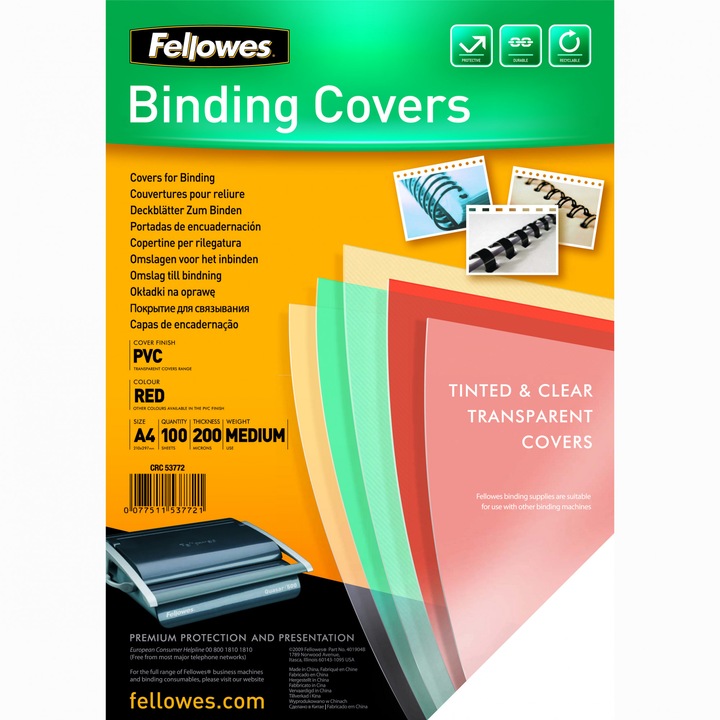 FELLOWES Előlap, A4, 200 mikron, Átlátszó, Piros
