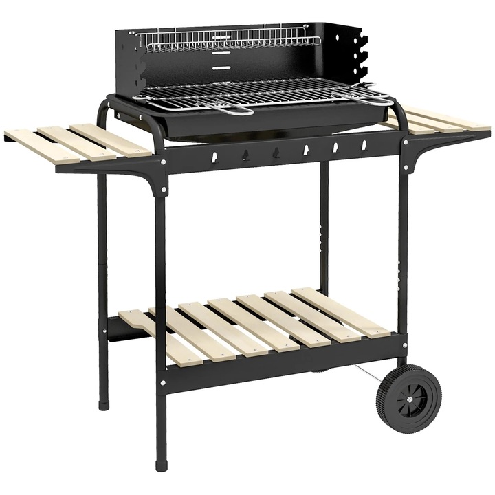 Faszenes grill, állítható magasságú, hamugyűjtő, kerekek, fekete