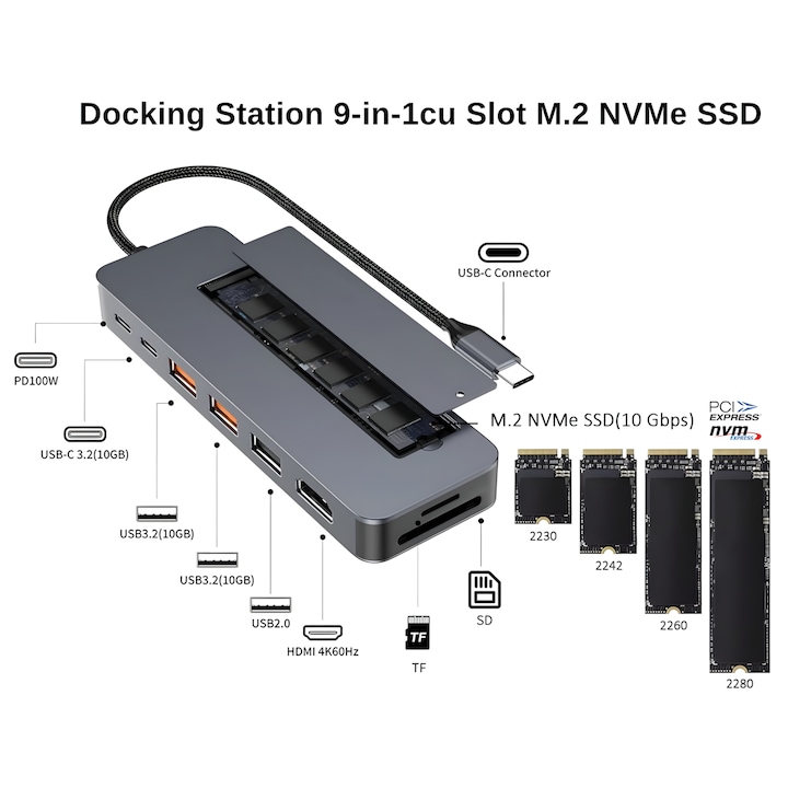 Docking Station 9-in-1cu Slot M.2 NVMe SSD, HDMI 4K@60Hz, USB-C 100W PD, USB C 3.2 10Gbps, USB-A 3.2 10Gbps, Cititor SD/TF, pentru Laptop, MacBook, Windows, Q-Elite®