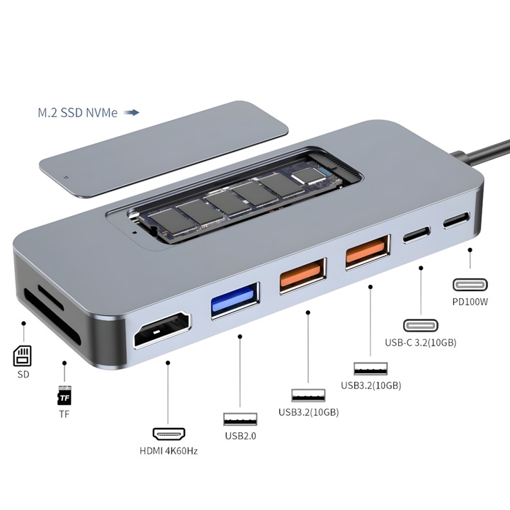 Докинг станция Q-Elite® 9-в-1 с HDMI 4K@60Hz, M.2 NVMe SSD слот, USB-C 100W PD, USB 3.2 10Gbps, SD/TF четец, за лаптоп, MacBook, Windows