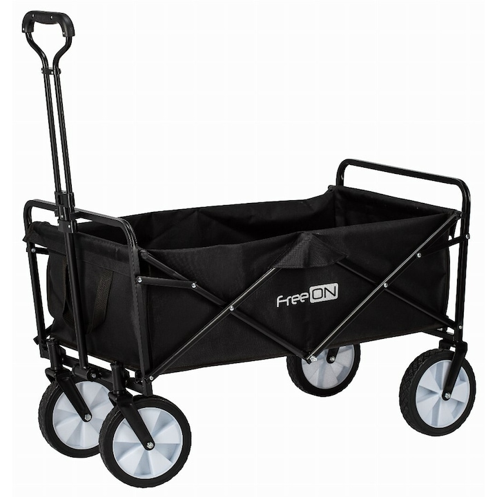 Carucior pliabil, FreeON, Pentru transportul diferitelor obiecte atat in casa, cat si in vacanta, Cu 2 buzunare, Maner reglabil 71-101 cm, Pana la 100 kg, 95x54x101 cm, Black