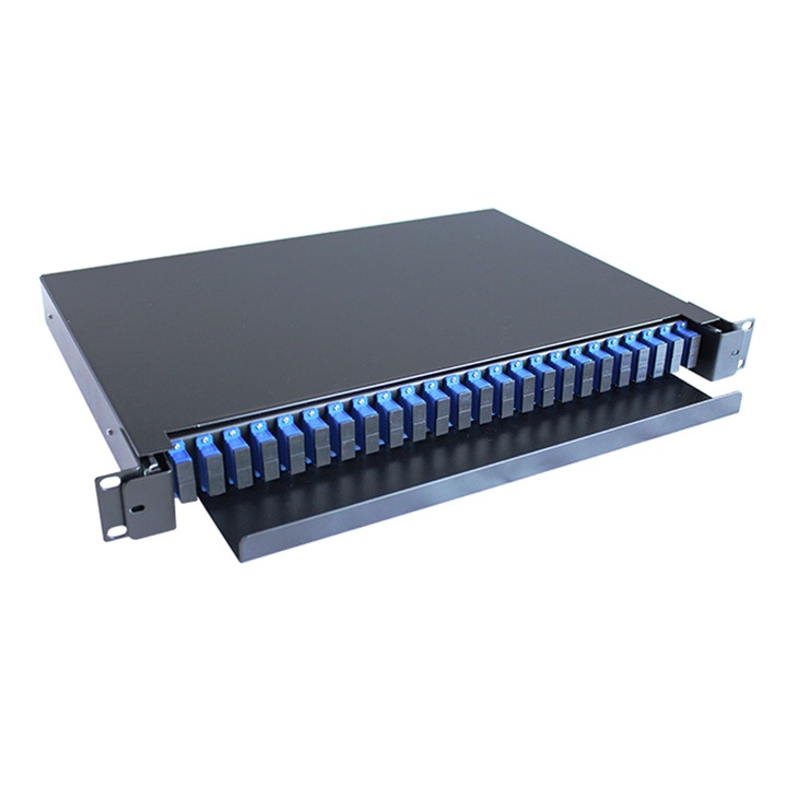 Patch Panel ODF Fibra Optica Datamaxx 48 porturi SC/UPC duplex, 1U, 480x243x44mm, complet echipat, incluzând pigtails