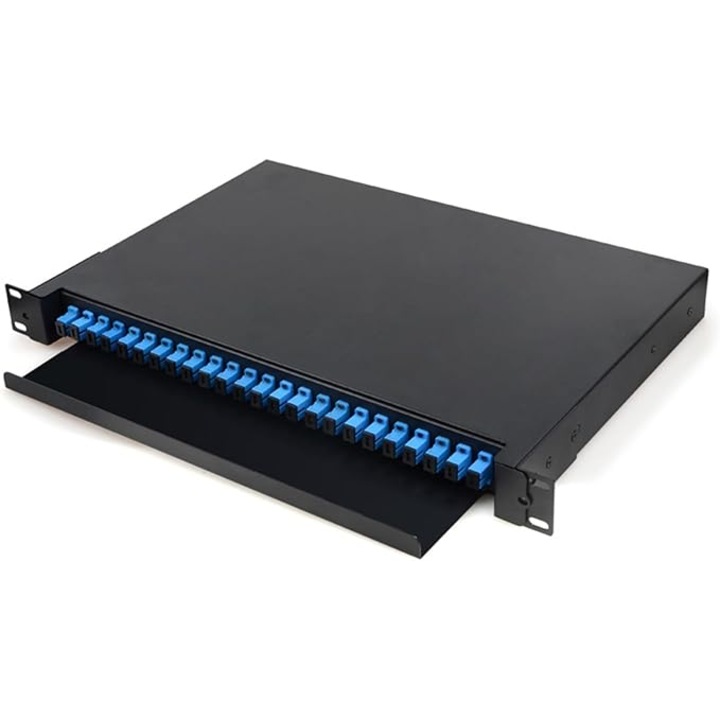 Panou de patch-uri optic ODF Datamaxx 24 porturi SC/UPC simplex, 1U, complet echipat, 480x243x44mm, negru RAL 9005