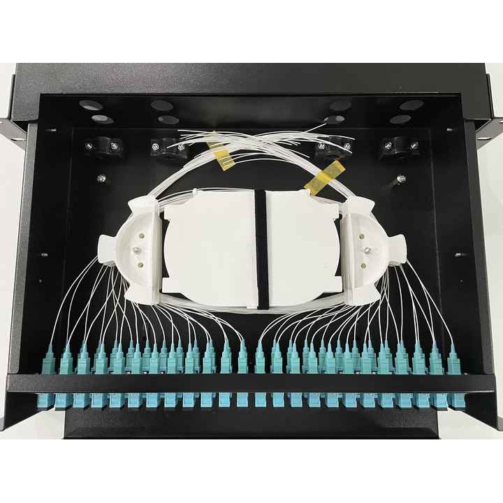 Panou de patch-uri optic ODF Datamaxx 1U, 48 porturi SC/PC duplex, multimodala OM3, negru, 485x355x44mm, complet echipat