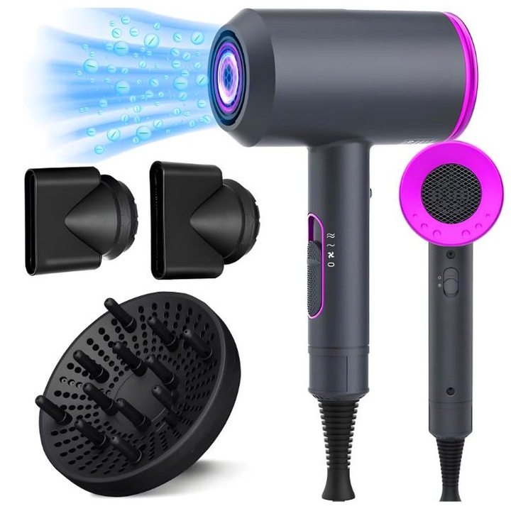 Professzionális ionos hajszárító, szalonszerű gyors szárítás, kerámia mag, negatív ionok, 2 sebességfokozat és 3 hőmérséklet-beállítás, 2000 W teljesítmény, 3 tartozékos készlet, rózsaszín és fekete színben