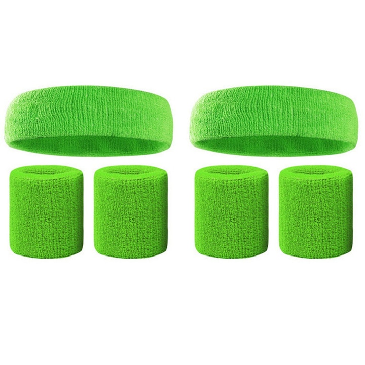 Set sport TRADERPLUS, 2 bucati, banda de sudoare unisex pentru cap si incheieturi, pentru alergare, ciclism, tenis, verde deschis