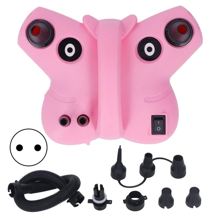Pompa Electrica de Umflat Baloane cu 2 iesiri, 600 W, Umflat / Dezumflat, Plastic, Model Fluture, Accesorii petrecere, Roz negru