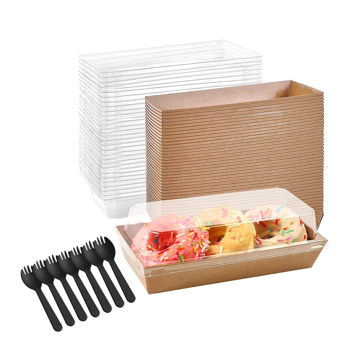 Set 50 Cutie cu capac de unica folosinta pentru Sandwich, desert, prajituri, 17.4x7x6.2 cm, Kaki