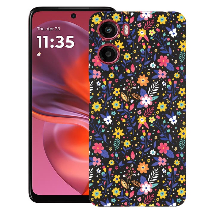 Силиконов калъф BestCase за Motorola Moto E15 / Moto G05, Flower Pattern, Slim SIlicon 0.8MM, Camera Protection, Black, 1997859 B 955