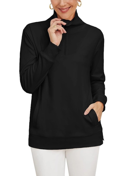 Плетена блуза, дълъг ръкав, V-образно деколте с цип, черна, Черен