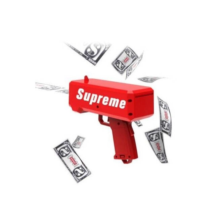 Pistol de Bani pentru Petreceri Supreme Fun Gun – Cu Bancnote Incluse, Functioneaza pe Baterii, Culoare Rosu, Model Doty