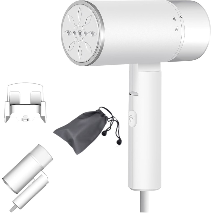 Преносима парна ютия, мощност 1200W Сгъваема преносима парна ютия, с подвижен резервоар за вода от 200 мл, включително скоба за стенен монтаж, бързо загряване за 20 секунди, капацитет на пара 60g/min, бял