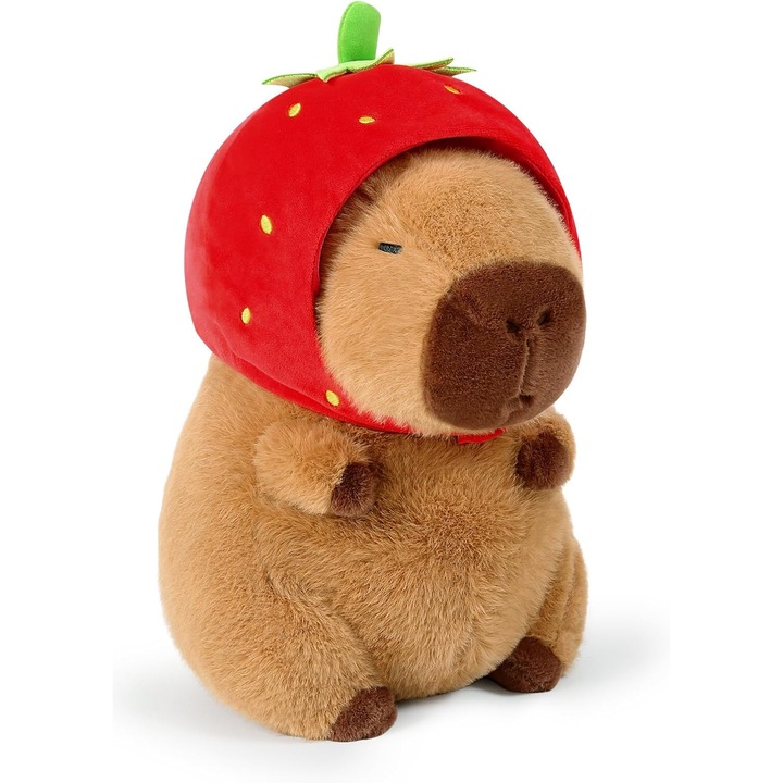 Jucarie de plus Capibara, Jucarie Pufoasa, Perna Decorativa Capibara, Capibara cu Sapca de Capsuni, Jucarie Moale, Cadou Pernuta pentru Fete Copii de la 3 ani (Capsuni, 25 cm)