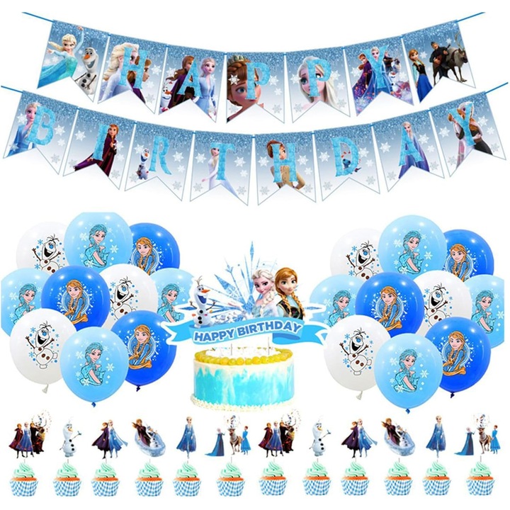 Set Decoratiuni de Zi de Nastere cu Tema Frozen, Decoratiuni Elsa, Accesorios Dragute de Petrecere Anime Include Baloane, Banner, Top de Tort, Topuri pentru Prajituri Pentru Fetite si Copii