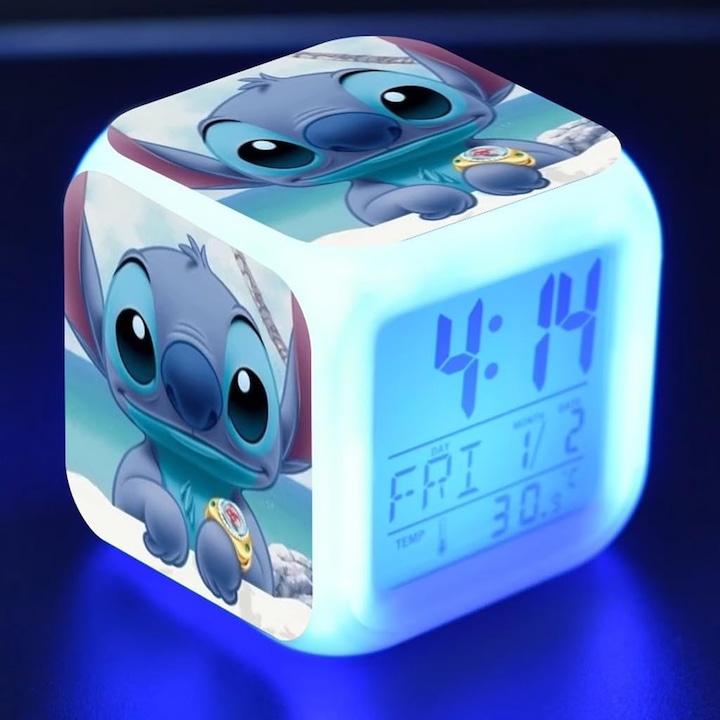 Ceas de Alarma Digital LED Stitch, Ceas de Alarma pentru Copii, Decor Dragut pentru Camera Fetitelor cu Iluminare Nocturna, Functie de Alarma si Design in Albastra, Ceas Fara Zgomot pentru Copii cu Incarcare USB