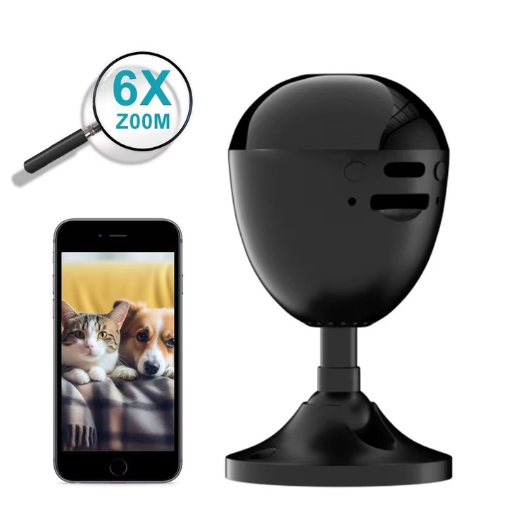 Camera WiFi HD TEQRO™ 5MP cu 6X Zoom, Detectie Umana, Viziune Nocturna, Inregistrare 1080P in Bucla – Supraveghere Casa, Birou, Bebe, Animale, Seniori – Control prin Aplicatie Dedicata