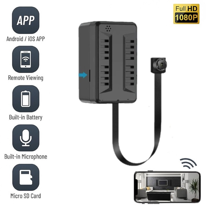 Mini Camera de Supraveghere 4G, X7B, Full HD, Unghi larg 120°, SIM Slot, SD Card Slot, Retea GSM, Transmisie Live, Detectie Miscare