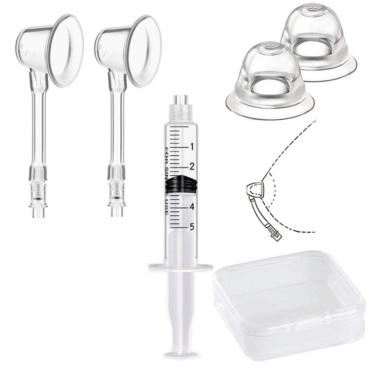 Set corector pentru mamelon, TREXORA, 4 piese si 1 seringa, alb, pentru corectarea mameloanelor inversate sau plate.