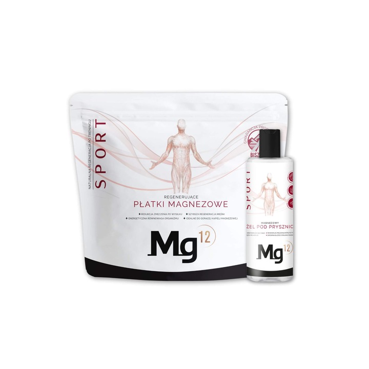 Mg12 SPORT szett, magnéziumpelyhek 4kg/Revitalizáló tusfürdő, Teljes regenerálódás edzés után