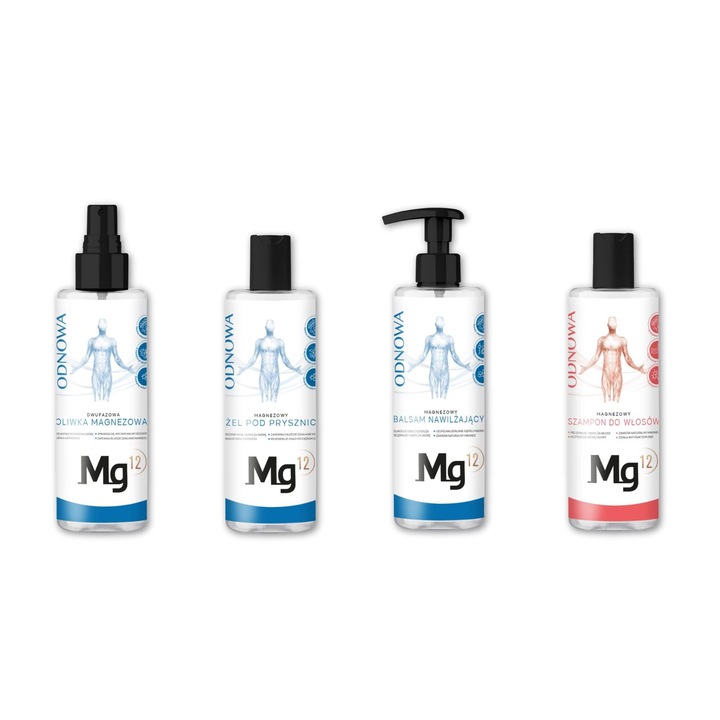 4 darabos Mg12 termékből álló készlet, magnéziumolaj/tusfürdő/hidratáló balzsam/tisztító sampon, teljes körű ápolás a bőrnek és a hajnak