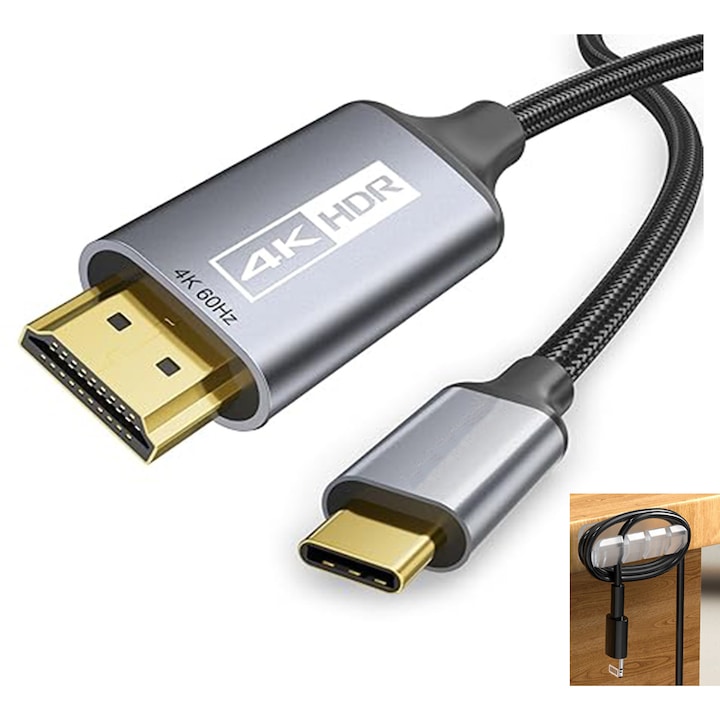 Кабел, USB-C HDMI, 2 м, RikBo® 4K 60Hz, USB 3.1 Type C Thunderbolt 3 към HDMI, eARC, зелен, Устройство за управление на кабели