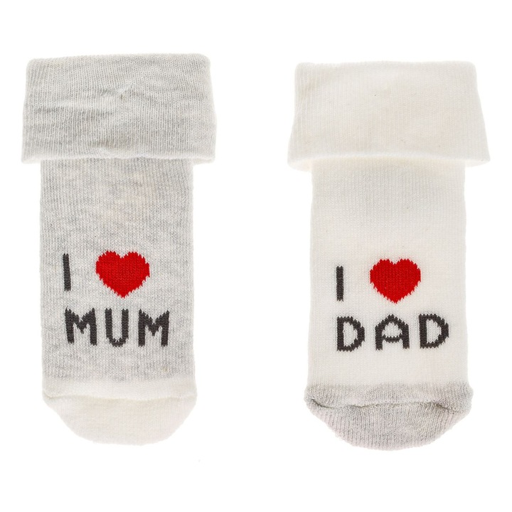 Babazokni, 2 pár, szürke/fehér, I LOVE MUM/DAD felirattal