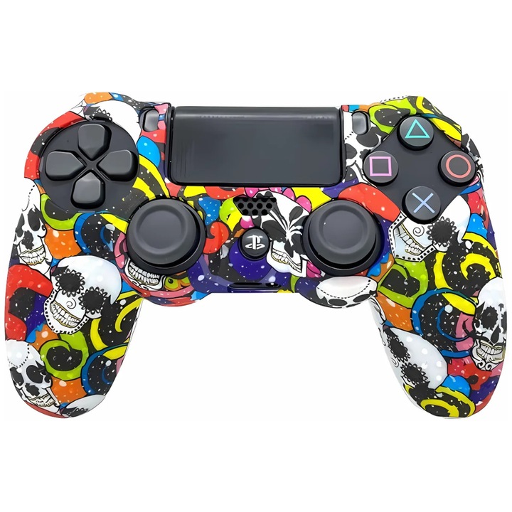 SDEPOT® vezeték nélküli vezérlő, PS4 kompatibilis, gyors válaszidővel, rezgésekkel, újratölthető akkumulátorral és graffiti koponya mintával