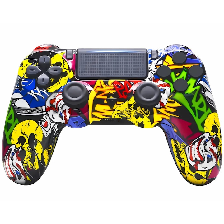 SDEPOT® vezeték nélküli vezérlő, PS4 kompatibilis, gyors válaszidővel, rezgésekkel, újratölthető akkumulátorral, graffiti joker modellel