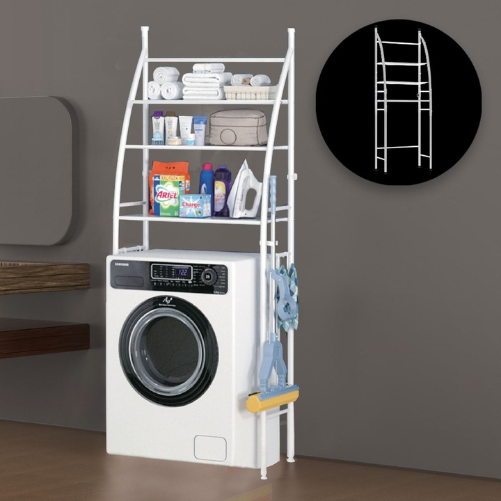 Raft depozitare alb metalic cu 3 nivele peste masina de spalat 166x65x25cm