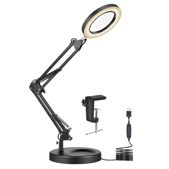 Lupa de masa de 109 mm diametru cu iluminare LED, 3 moduri de culoare iluminate, cu 10 niveluri de luminozitate, 2 in 1 Baza si Clip, Brat telescopic reglabil, 360°, citire si realizarea de meserii