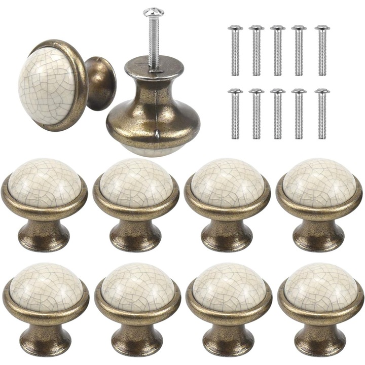 Manere de sertar din ceramica, set de 10 bucati, diametru 33mm, design retro, negru, alb, bronz
