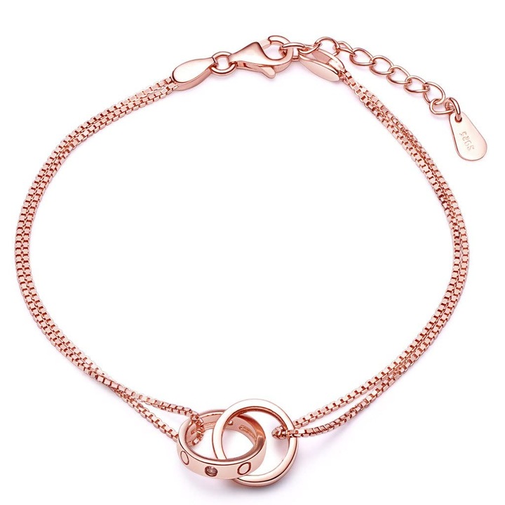 Bratara Charm Argint 925 cu Zirconia Cubica, Inele Impletite, Lant Reglabil, Rose Gold