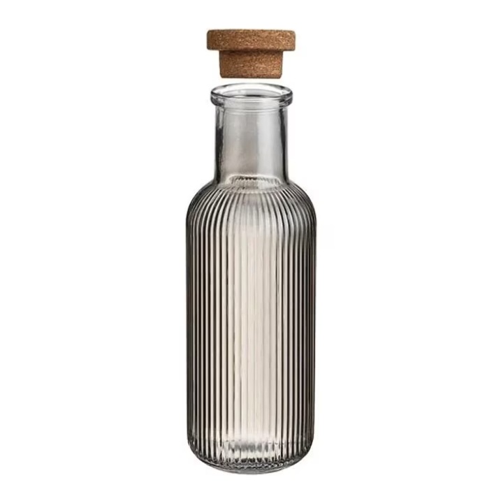 Прозрачна стъклена бутилка за вода с коркова капачка, вертикални ивици, опушено стъкло, 1л
