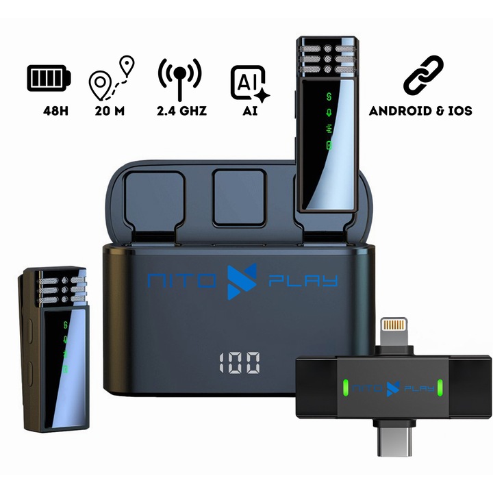 2 darabos Nitoplay J68 professzionális csíptetős mikrofon szett, Plug&Play, vezeték nélküli töltőtok, Lightning, USB-C, 48 órás akkumulátor-üzemidő, kijelző, 20 m távolság, zajszűrés, 2,4 GHz, univerzális,